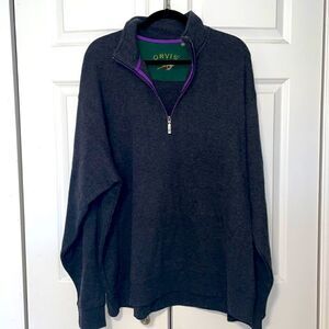 Orvis charcoal gray sweater with purple detail